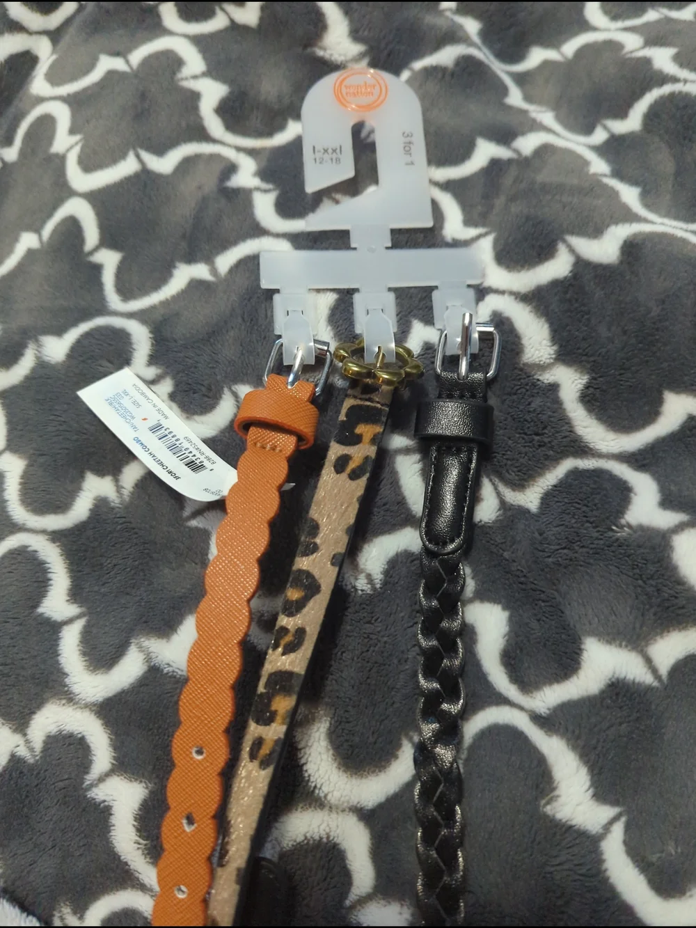 Set of Thin Leather Braided and Scalloped Belts in Black and Cognac